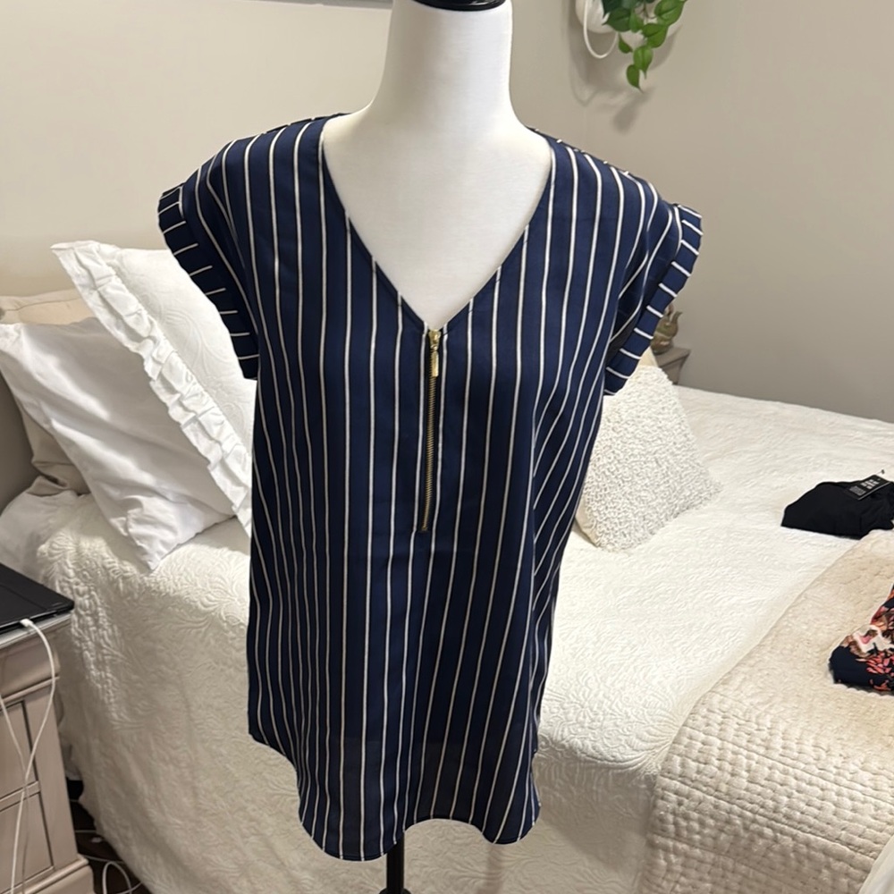 Navy Striped Blouse with Zipper